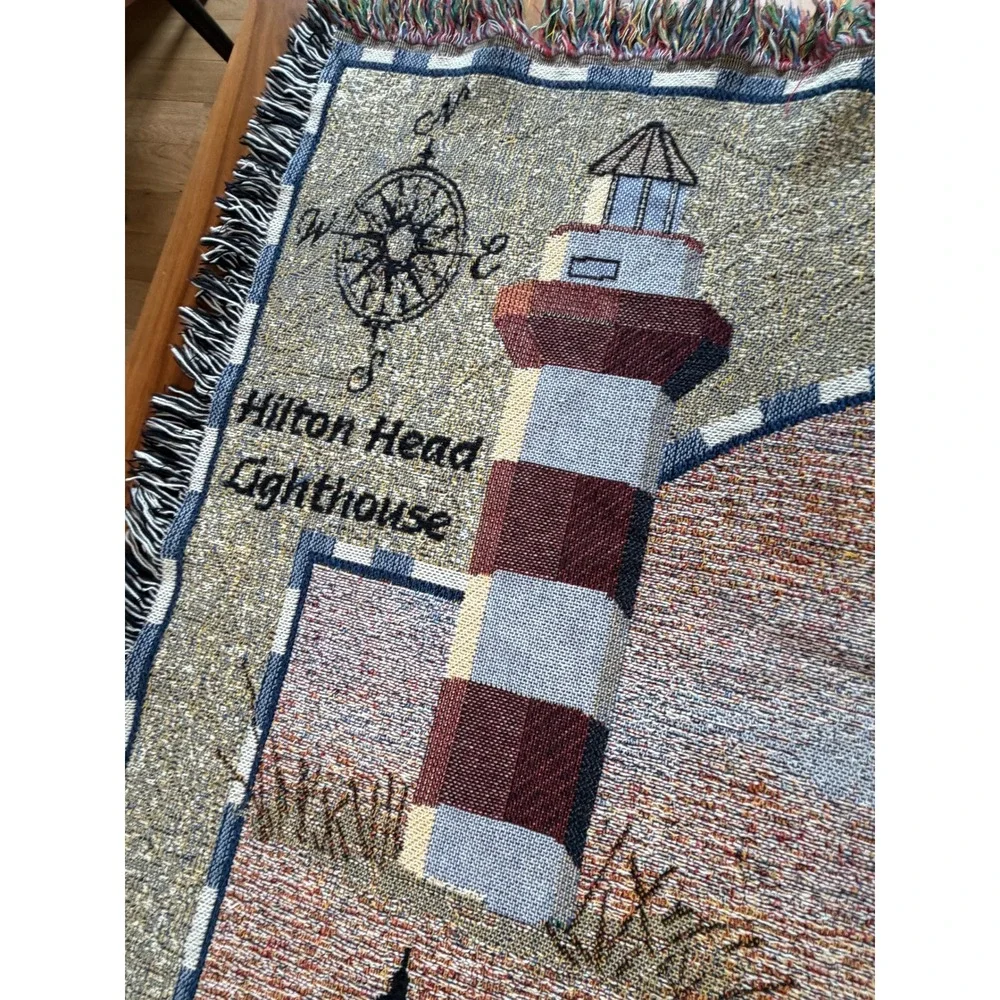 VTG Home Interiors Lighthouse Cotton Woven Throw Blanket Multicolor Nautical
